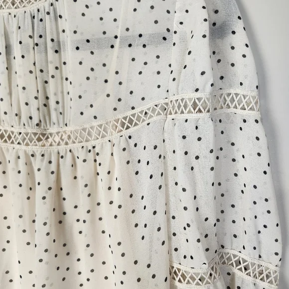 Women's Cream & Black Speck Print Peasant High Neck Sheer Blouse Large - Picture 8 of 16